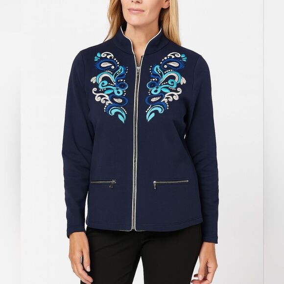 Boston Proper Sport Navy Blue Intricate Embroidery Long Sleeve Full Zip Jacket - Picture 1 of 12